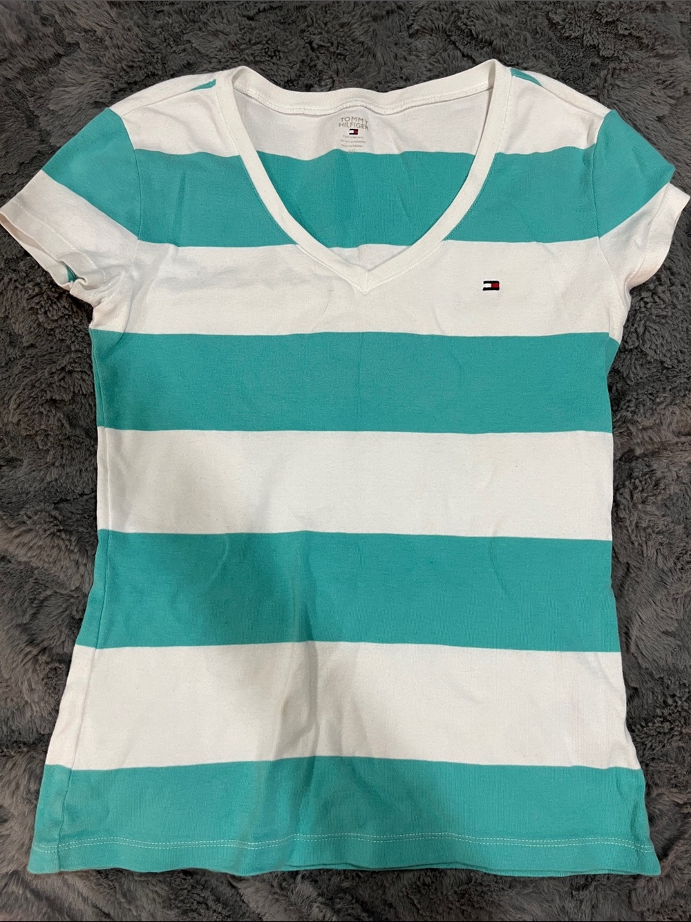 Tommy Hilfiger Women's Teal and White Striped V-Neck Tee